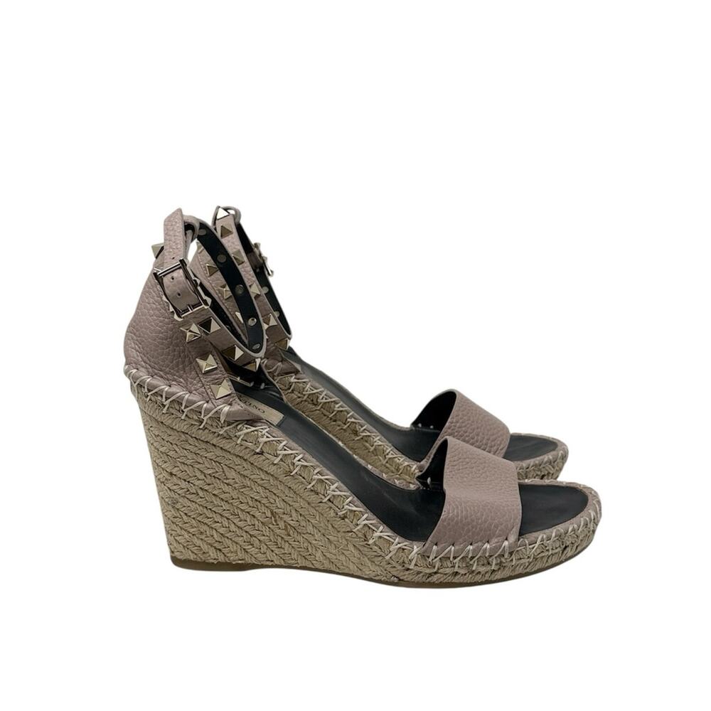 Valentino Garavani Rockstud Espadrille Wedge Sandals Poudre Leather Size 39